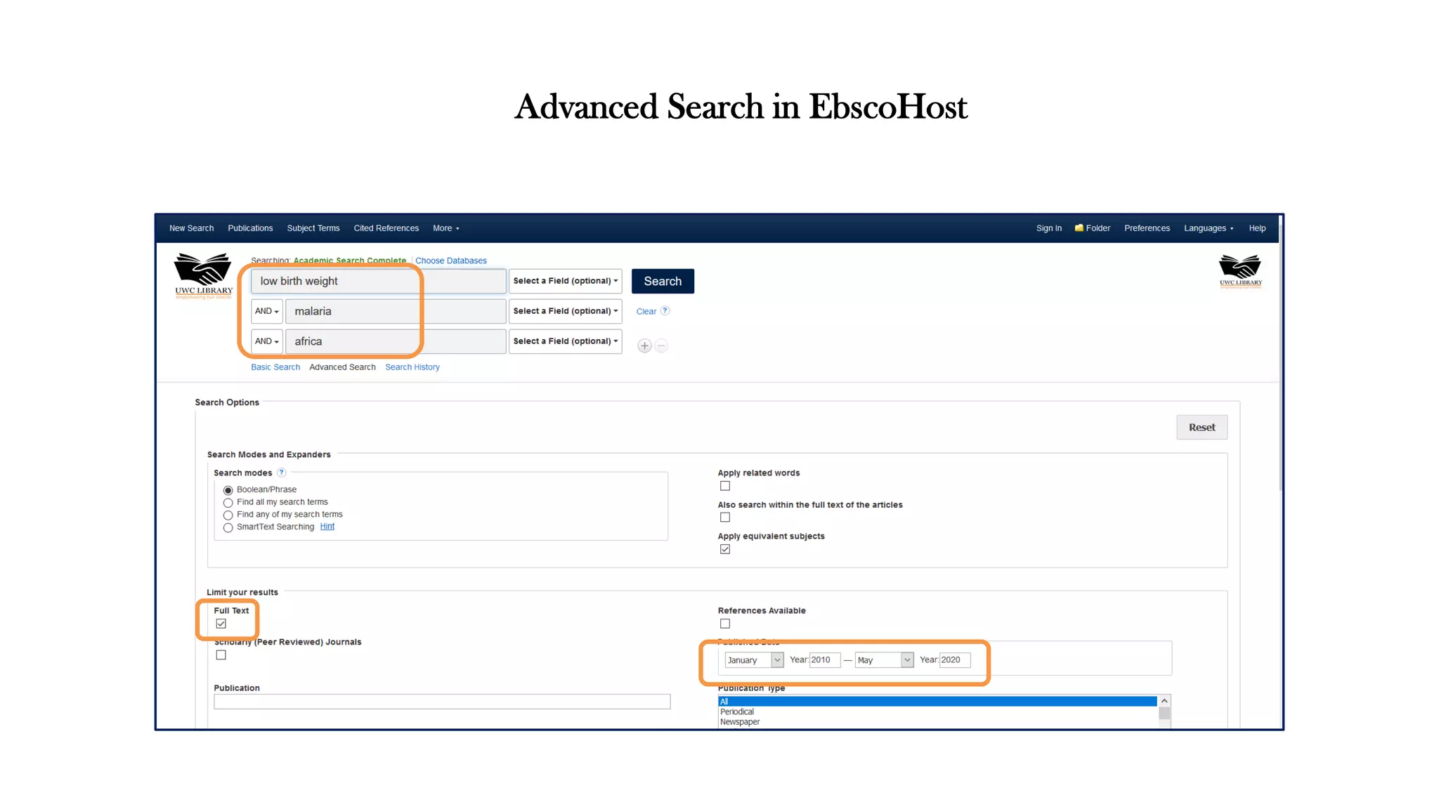 Advanced Search in EbscoHost
 