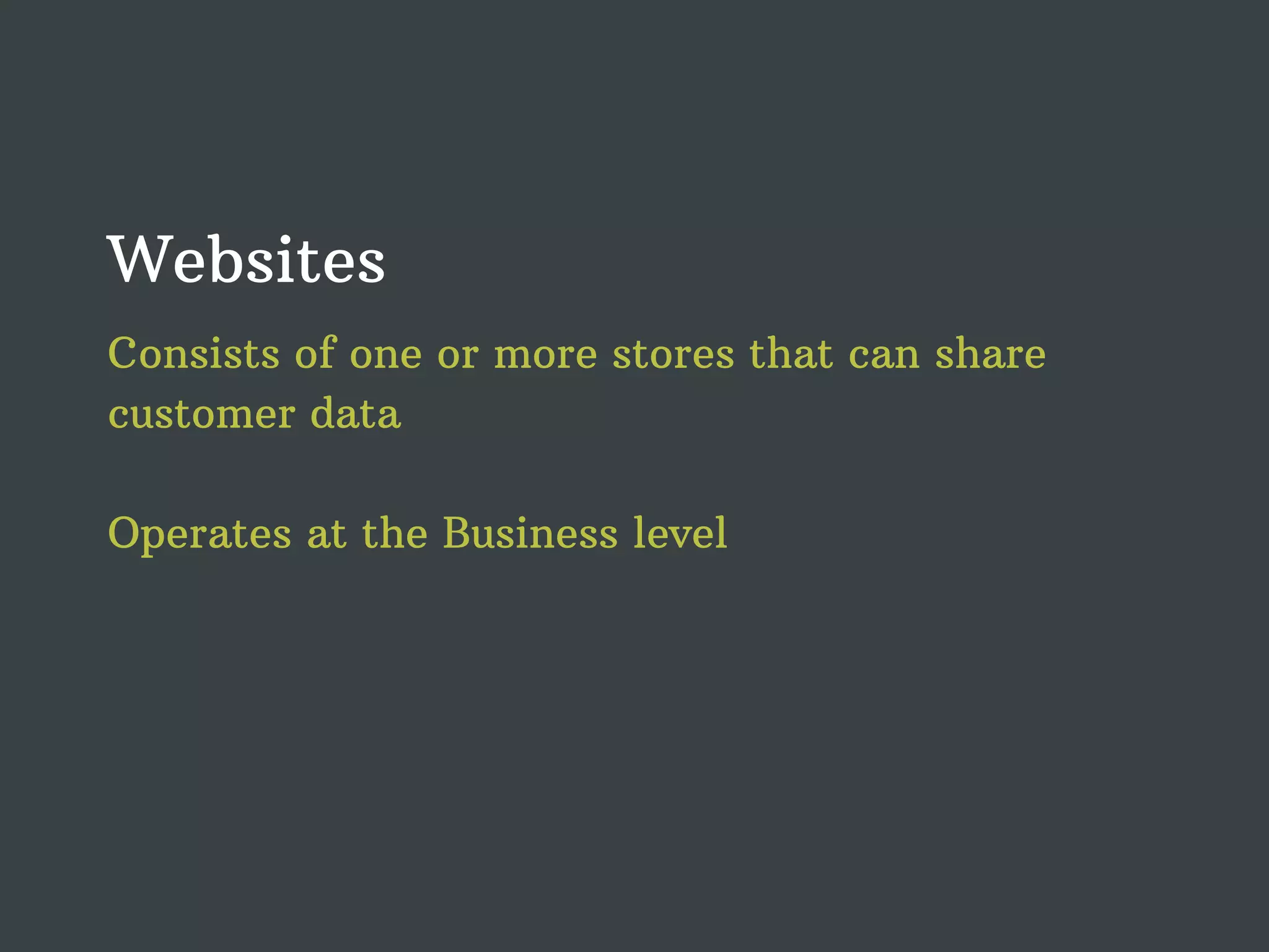 Websites Consists of one or more stores that can share customer data Operates at the Business level 