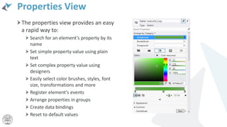 Properties View
The properties view provides an easy
a rapid way to:
Search for an element’s property by its
name
Set simple property value using plain
text
Set complex property value using
designers
Easily select color brushes, styles, font
size, transformations and more
Register element’s events
Arrange properties in groups
Create data bindings
Reset to default values
 