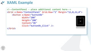 XAML Example
<!--ContentPanel - place additional content here-->
<Grid x:Name="ContentPanel" Grid.Row="1" Margin="12,0,12,0">
<Button x:Name="buttonOk"
Width="200"
Height="200"
Content="OK"
Click="buttonOk_Click" />
</Grid>
 