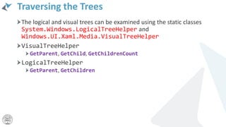 Traversing the Trees
The logical and visual trees can be examined using the static classes
System.Windows.LogicalTreeHelper and
Windows.UI.Xaml.Media.VisualTreeHelper
VisualTreeHelper
GetParent, GetChild, GetChildrenCount
LogicalTreeHelper
GetParent, GetChildren
 