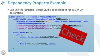 Dependency Property Example
Can use the “propdp” Visual Studio code snippet for easier DP
declaration
public abstract class Shape : FrameworkElement {
public static readonly DependencyProperty FillProperty =
DependencyProperty.Register("Fill", typeof(Brush), typeof(Shape), new
FrameworkPropertyMetadata(null,
FrameworkPropertyMetadataOptions.SubPropertiesDoNotAffectRender |
FrameworkPropertyMetadataOptions.AffectsRender));
public Brush Fill {
get {
return (Brush)base.GetValue(FillProperty);
}
set {
base.SetValue(FillProperty, value);
}
}
}
 
