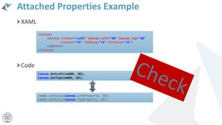 Attached Properties Example
XAML
Code
<Canvas>
<Button x:Name="cmdOK" Canvas.Left="30" Canvas.Top="20"
Content="OK" Padding="10" FontSize="26">
</Button>
</Canvas>
Canvas.SetLeft(cmdOK, 30);
Canvas.SetTop(cmdOK, 20);
cmdOK.SetValue(Canvas.LeftProperty, 30);
cmdOK.SetValue(Canvas.TopProperty, 30);
 