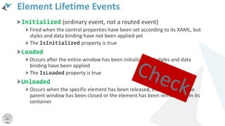 Element Lifetime Events
Initialized (ordinary event, not a routed event)
Fired when the control properties have been set according to its XAML, but
styles and data binding have not been applied yet
The IsInitialized property is true
Loaded
Occurs after the entire window has been initialized and styles and data
binding have been applied
The IsLoaded property is true
Unloaded
Occurs when the specific element has been released, either because the
parent window has been closed or the element has been removed from its
container
 