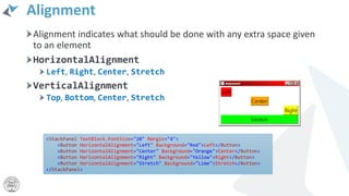 Alignment
Alignment indicates what should be done with any extra space given
to an element
HorizontalAlignment
Left, Right, Center, Stretch
VerticalAlignment
Top, Bottom, Center, Stretch
<StackPanel TextBlock.FontSize="20" Margin="4">
<Button HorizontalAlignment="Left" Background="Red">Left</Button>
<Button HorizontalAlignment="Center" Background="Orange">Center</Button>
<Button HorizontalAlignment="Right" Background="Yellow">Right</Button>
<Button HorizontalAlignment="Stretch" Background="Lime">Stretch</Button>
</StackPanel>
 