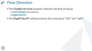 Flow Direction
The FlowDirection property indicates the flow of layout
LeftToRight (the default)
RightToLeft
The RightToLeft setting reverses the meaning of “left” and “right”
 