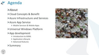 Agenda
About
Cloud Concepts & Benefit
Azure Infrastructure and Services
Azure App Service
Mobile Services & Mobile Apps
Universal Windows Platform
App development
Introduction to XAML
Application Lifecycle
Advanced features
Summary
 