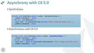 Asynchrony with C# 5.0
Synchronous
Asynchronous with C# 5.0
private void OnGetData(object sender, RoutedEventArgs e) {
_cmdGet.IsEnabled = false;
var wc = new WebClient();
_text.Text = wc.DownloadString(new Uri("http://msdn.microsoft.com"));
_cmdGet.IsEnabled = true;
}
private async void OnGetData(object sender, RoutedEventArgs e) {
_cmdGet.IsEnabled = false;
var wc = new WebClient();
_text.Text = await wc.DownloadStringTaskAsync("http://msdn.microsoft.com");
_cmdGet.IsEnabled = true;
}
 