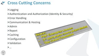 Cross Cutting Concerns
Logging
Authentication and Authorization (Identity & Security)
Error Handling
Communication & Hosting
Admin
Report
Caching
Configuration
Validation
…
 