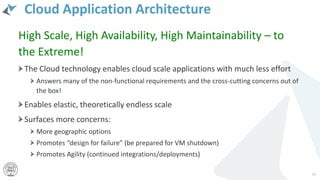 Cloud Application Architecture
High Scale, High Availability, High Maintainability – to
the Extreme!
The Cloud technology enables cloud scale applications with much less effort
Answers many of the non-functional requirements and the cross-cutting concerns out of
the box!
Enables elastic, theoretically endless scale
Surfaces more concerns:
More geographic options
Promotes “design for failure” (be prepared for VM shutdown)
Promotes Agility (continued integrations/deployments)
42
 