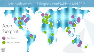 Azure
footprint
Microsoft Azure – 17 Regions Worldwide in Mid 2015
Data Centers
Regional Partners
 