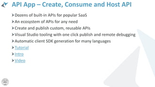 API App – Create, Consume and Host API
Dozens of built-in APIs for popular SaaS
An ecosystem of APIs for any need
Create and publish custom, reusable APIs
Visual Studio tooling with one click publish and remote debugging
Automatic client SDK generation for many languages
Tutorial
Intro
Video
 