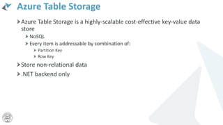 Azure Table Storage
Azure Table Storage is a highly-scalable cost-effective key-value data
store
NoSQL
Every item is addressable by combination of:
Partition Key
Row Key
Store non-relational data
.NET backend only
 