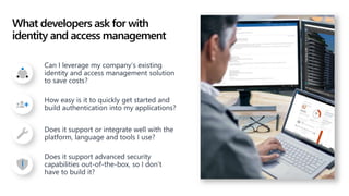 What developers ask for with
identity and access management
How easy is it to quickly get started and
build authentication into my applications?
Does it support or integrate well with the
platform, language and tools I use?
Does it support advanced security
capabilities out-of-the-box, so I don’t
have to build it?
Can I leverage my company’s existing
identity and access management solution
to save costs?
 