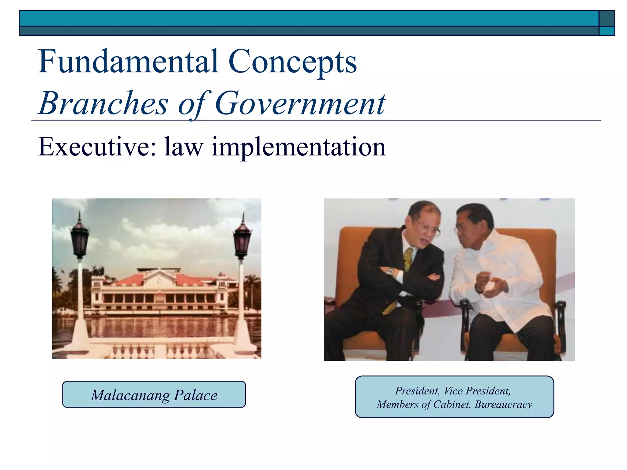 Fundamental Concepts
Branches of Government
Executive: law implementation
Malacanang Palace President, Vice President,
Members of Cabinet, Bureaucracy
 