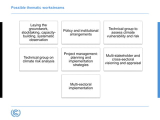 Possible thematic workstreams
Laying the
groundwork,
stocktaking, capacity-
building, systematic
observation
Policy and institutional
arrangements
Technical group to
assess climate
vulnerability and risk
Technical group on
climate risk analysis
Project management:
planning and
implementation
strategies
Multi-stakeholder and
cross-sectoral
visioning and appraisal
Multi-sectoral
implementation
 