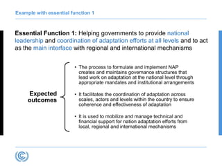 Essential Function 1: Helping governments to provide national
leadership and coordination of adaptation efforts at all levels and to act
as the main interface with regional and international mechanisms
Example with essential function 1
Expected
outcomes
• The process to formulate and implement NAP
creates and maintains governance structures that
lead work on adaptation at the national level through
appropriate mandates and institutional arrangements
• It facilitates the coordination of adaptation across
scales, actors and levels within the country to ensure
coherence and effectiveness of adaptation
• It is used to mobilize and manage technical and
financial support for nation adaptation efforts from
local, regional and international mechanisms
 