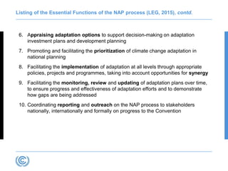 Listing of the Essential Functions of the NAP process (LEG, 2015), contd.
6. Appraising adaptation options to support decision-making on adaptation
investment plans and development planning
7. Promoting and facilitating the prioritization of climate change adaptation in
national planning
8. Facilitating the implementation of adaptation at all levels through appropriate
policies, projects and programmes, taking into account opportunities for synergy
9. Facilitating the monitoring, review and updating of adaptation plans over time,
to ensure progress and effectiveness of adaptation efforts and to demonstrate
how gaps are being addressed
10. Coordinating reporting and outreach on the NAP process to stakeholders
nationally, internationally and formally on progress to the Convention
 