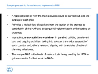 Sample process to formulate and implement a NAP
• A representation of how the main activities could be carried out, and the
outputs of each step;
• Provides a logical flow of activities from the launch of the process to
compilation of the NAP and subsequent implementation and reporting on
progress;
• In practice, many activities would run in parallel, building on relevant
past and ongoing activities, taking into account the modus operandi of
each country, and, where relevant, aligning with timetables of national
planning milestones;
• The sample NAP is the basis of various tools being used by the LEG to
guide countries for their work on NAPs.
 