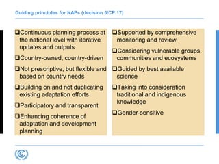 Guiding principles for NAPs (decision 5/CP.17)
Continuous planning process at
the national level with iterative
updates and outputs
Country-owned, country-driven
Not prescriptive, but flexible and
based on country needs
Building on and not duplicating
existing adaptation efforts
Participatory and transparent
Enhancing coherence of
adaptation and development
planning
Supported by comprehensive
monitoring and review
Considering vulnerable groups,
communities and ecosystems
Guided by best available
science
Taking into consideration
traditional and indigenous
knowledge
Gender-sensitive
 