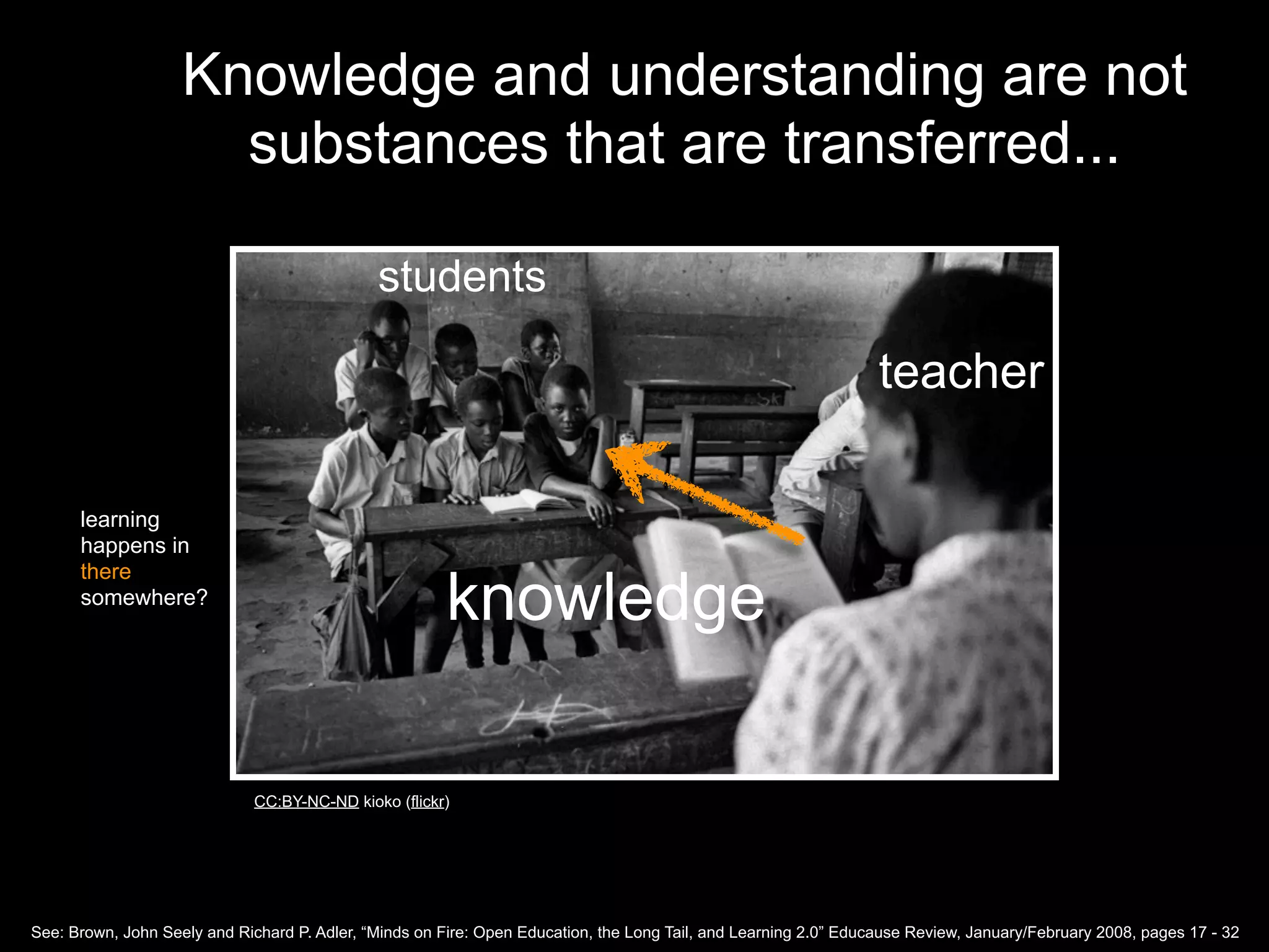 Knowledge and understanding are not
                      substances that are transferred...

                                              students

                                                                                                                  teacher

      learning
      happens in
      there
      somewhere?
                                                       knowledge

                              CC:BY-NC-ND kioko (flickr)




See: Brown, John Seely and Richard P. Adler, “Minds on Fire: Open Education, the Long Tail, and Learning 2.0” Educause Review, January/February 2008, pages 17 - 32
 