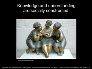 Knowledge and understanding
                             are socially constructed.




                             CC: BY-NC-SA tojosan (flickr)




See: Brown, John Seely and Richard P. Adler, “Minds on Fire: Open Education, the Long Tail, and Learning 2.0” Educause Review, January/February 2008, pages 17 - 32
 