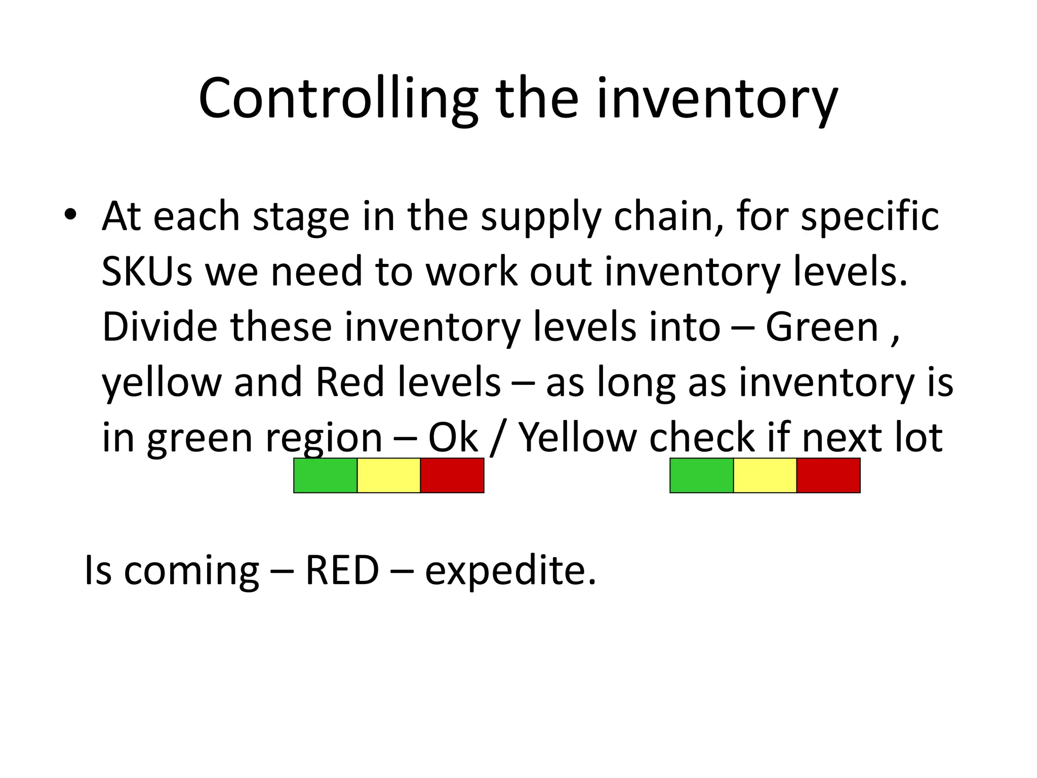 Controlling the inventory
• At each stage in the supply chain, for specific
SKUs we need to work out inventory levels.
Divide these inventory levels into – Green ,
yellow and Red levels – as long as inventory is
in green region – Ok / Yellow check if next lot
Is coming – RED – expedite.
 