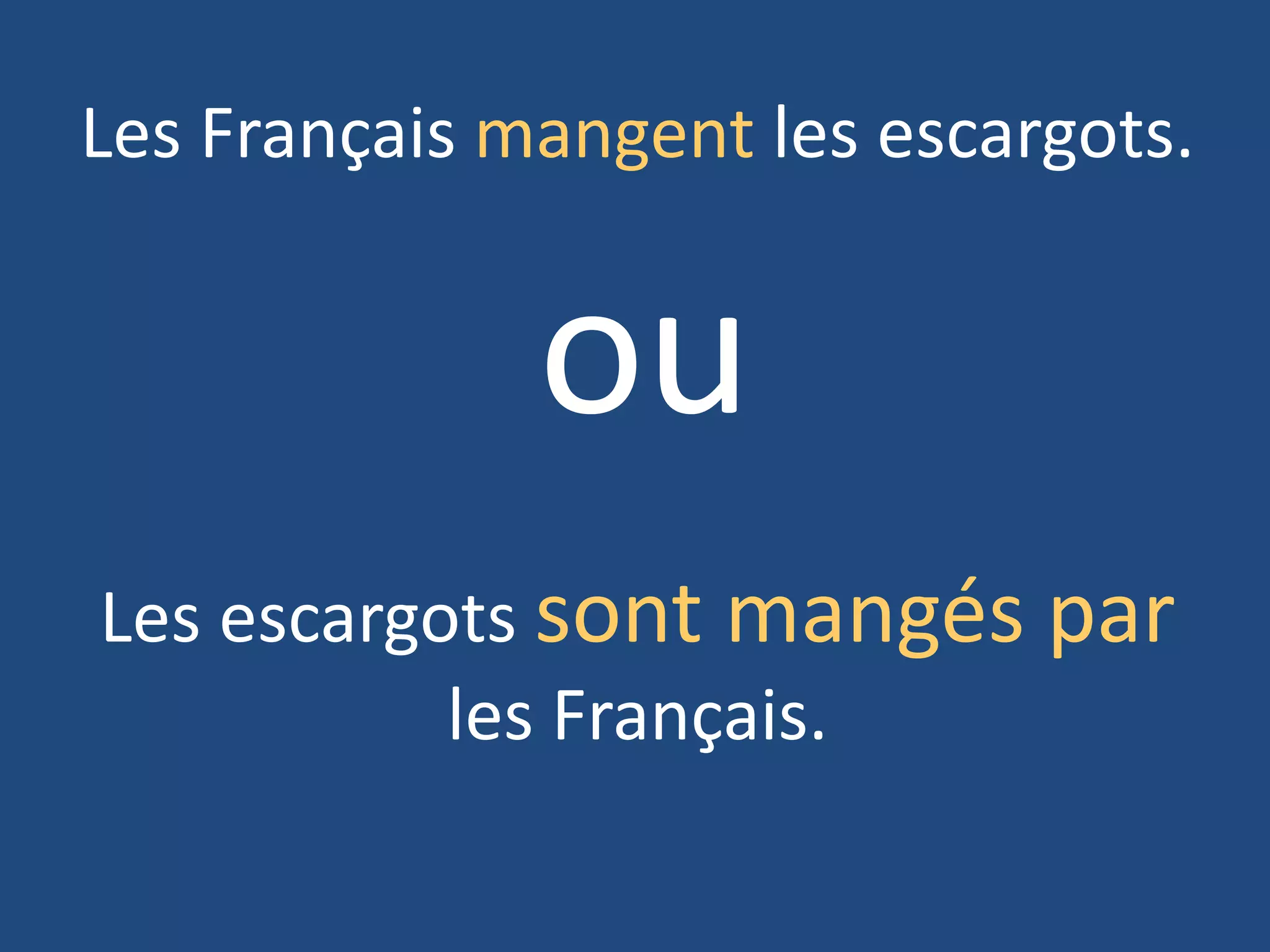 Les Français mangent les escargots.


              ou
Les escargots sont mangés par
           les Français.
 