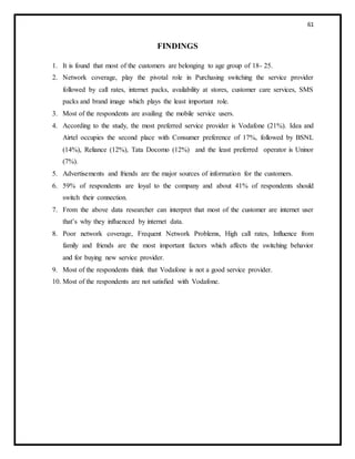 61
FINDINGS
1. It is found that most of the customers are belonging to age group of 18- 25.
2. Network coverage, play the pivotal role in Purchasing switching the service provider
followed by call rates, internet packs, availability at stores, customer care services, SMS
packs and brand image which plays the least important role.
3. Most of the respondents are availing the mobile service users.
4. According to the study, the most preferred service provider is Vodafone (21%). Idea and
Airtel occupies the second place with Consumer preference of 17%, followed by BSNL
(14%), Reliance (12%), Tata Docomo (12%) and the least preferred operator is Uninor
(7%).
5. Advertisements and friends are the major sources of information for the customers.
6. 59% of respondents are loyal to the company and about 41% of respondents should
switch their connection.
7. From the above data researcher can interpret that most of the customer are internet user
that’s why they influenced by internet data.
8. Poor network coverage, Frequent Network Problems, High call rates, Influence from
family and friends are the most important factors which affects the switching behavior
and for buying new service provider.
9. Most of the respondents think that Vodafone is not a good service provider.
10. Most of the respondents are not satisfied with Vodafone.
 
