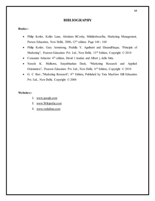 64
BIBLIOGRAPHY
Books:-
 Philip Kotler, Keller Lane, Abraham BCoshy, MithileshwarJha, Marketing Management,
Person Education, New Delhi, 2006, 12th edition. Page 144 - 160
 Philip Kotler, Gary Armstrong, Prafulla Y. Agnihotri and EhsanulHaque, “Principle of
Marketing”, Pearson Education Pvt. Ltd., New Delhi, 13th Edition, Copyright © 2010
 Consumer behavior 4th edition, David l. loudan and Albert j. della bitta.
 Naresh K. Malhotra, Satyabhushan Dash, “Marketing Research and Applied
Orientation”, Pearson Education Pvt. Ltd., New Delhi, 6th Edition, Copyright © 2010
 G. C Beri ,”Marketing Research”, 4th Edition, Published by Tata MacGaw Hill Education
Pvt. Ltd., New Delhi, Copyright © 2008
Websites:-
1. www.google.com
2. www.Wikipedia.com
3. www.vodafone.com
 