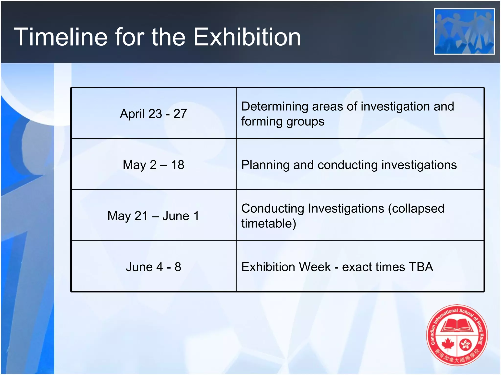 Timeline for the Exhibition

                          Determining areas of investigation and
          April 23 - 27
                          forming groups


          May 2 – 18      Planning and conducting investigations


                          Conducting Investigations (collapsed
        May 21 – June 1
                          timetable)


           June 4 - 8     Exhibition Week - exact times TBA
 