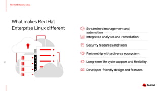 Red Hat Enterprise Linux
24
What makes Red Hat
Enterprise Linux different Streamlined management and
automation
Integrated analytics and remediation
Security resources and tools
Partnership with a diverse ecosystem
Long-term life cycle support and flexibility
Developer-friendly design and features
 