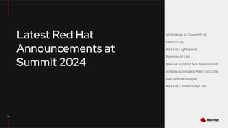34
AI Strategy & Openshift AI
InstructLab
Red Hat Lightspeed
Podman AI Lab
How we support AI & AI workloads
Ansible automated Policy as Code
Gen AI for Konveyor
Red Hat Connectivity Link
Latest Red Hat
Announcements at
Summit 2024
 