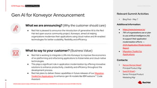 RED HAT CONFIDENTIAL
All information shared in today’s GTM Power Hour: Summit Preview is CONFIDENTIAL and should not be shared OUTSIDE of Red Hat
Gen AI for Konveyor Announcement Relevant Summit Activities
▸ Blog Post - May 7
Additional information:
● https://www.konveyor.io/
● 78% of organizations use or plan
to use artificial intelligence (AI)
to support their application
modernization efforts →
2024 Application Modernization
Report
● Migration Toolkit for
Applications
Contacts:
▸ Ramon Roman Nissef
Principal Product Mgr
▸ Syed M Shaaf -
Senior Principal Product
Marketing Mgr
55
What we are announcing? (Why the customer should care)
● Red Hat is pleased to announce the introduction of generative AI to the Red
Hat-led open source community project, Konveyor, aimed at helping
organizations modernize their applications using cloud-native and AI-enabled
technologies for better scalability, flexibility and efficiency.
What to say to your customer? (Business Value)
● Red Hat is working to integrate LLMs into Konveyor to improve the economics
of re-platforming and refactoring applications to Kubernetes and cloud-native
technologies
● This plays a significant role in application modernization by offering innovative
solutions to enhance productivity, creativity and efficiency throughout the
development process.
● Red Hat plans to deliver these capabilities in future releases of our Migration
Toolkit for Applications to enhance gen AI models like IBM watsonx™ Code
Assistant
GTM Power Hour Summit Preview -
 