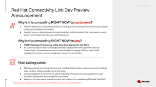 RED HAT CONFIDENTIAL
All information shared in today’s GTM Power Hour: Summit Preview is CONFIDENTIAL and should not be shared OUTSIDE of Red Hat
60
Why is this compelling RIGHT NOW to customers?
Main talking points
● Manage and secure connections across multiple Kubernetes clusters running in multiple
data centers, cloud providers or at the edge
● Enhanced application performance, global scalability and robust security capabilities through
simplified deployment and management processes
● Based on the open source Kuadrant project and builds on the capabilities of Red Hat OpenShift
● Platform teams face increasing complexity of setting up and running environments across multiple
clusters and multiple environments
● Need to focus on delivering value through integrated, unified solutions that more easily connect,
protect and manage their services and infrastructure
Why is this compelling RIGHT NOW to you?
● NOTE: Developer Preview only at this time; GA is planned for late 2024
● As customers expand into increasingly distributed deployments with OpenShift, Red Hat
Connectivity Link provides them with a central solution to manage different tools for API
management, service mesh and application networking across them
Red Hat Connectivity Link Dev Preview
Announcement
 