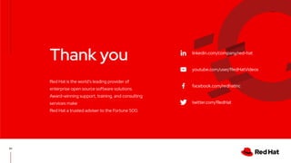 CONFIDENTIAL designator
V0000000
linkedin.com/company/red-hat
youtube.com/user/RedHatVideos
facebook.com/redhatinc
twitter.com/RedHat
62
Red Hat is the world’s leading provider of
enterprise open source software solutions.
Award-winning support, training, and consulting
services make
Red Hat a trusted adviser to the Fortune 500.
Thank you linkedin.com/company/red-hat
youtube.com/user/RedHatVideos
facebook.com/redhatinc
twitter.com/RedHat
 