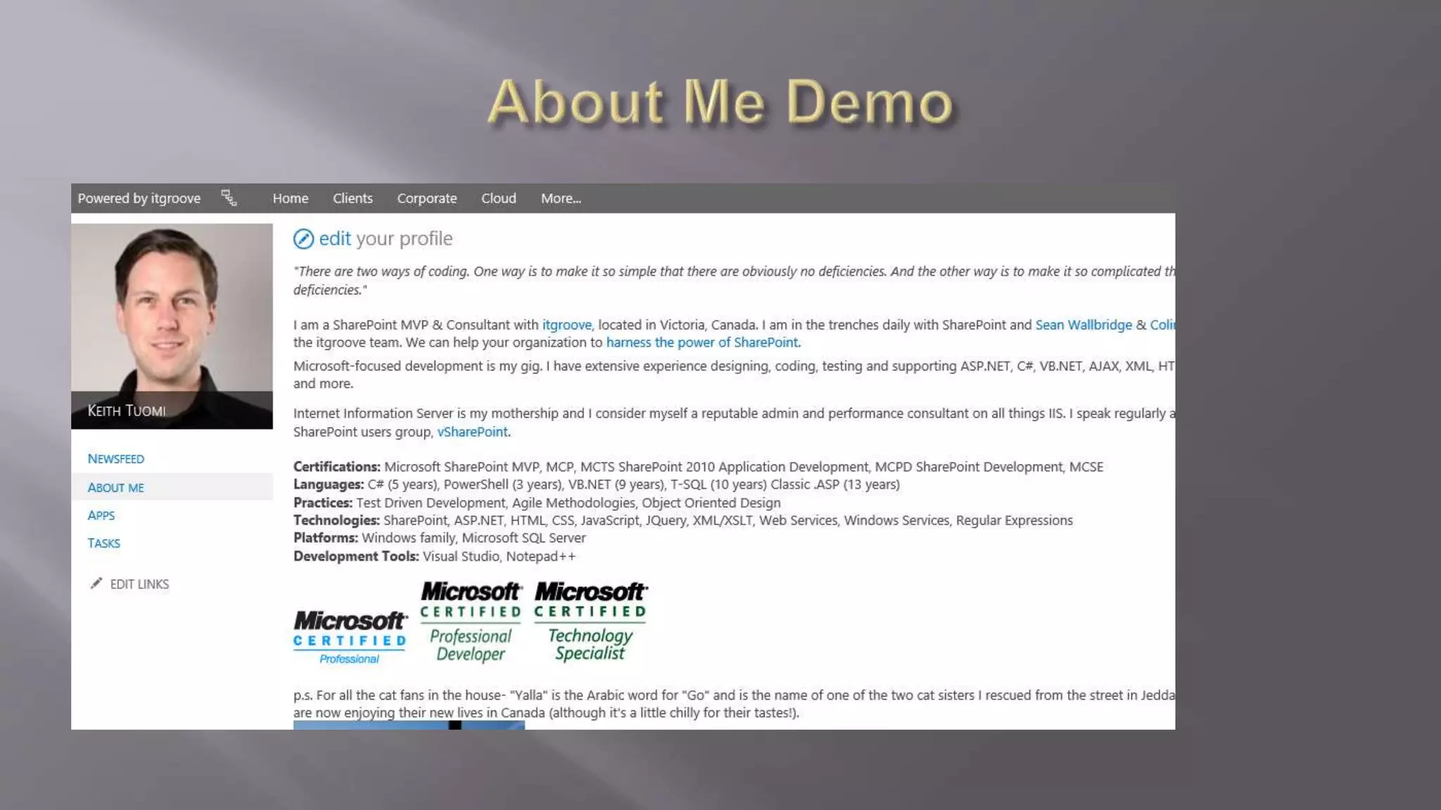  The Newsfeed is the default page that displays when a user 
accesses his or her My Site. This page displays the feed of recent 
activities related to a user's specified colleagues and interests. 
Users can customize their newsfeeds by adding or removing 
colleagues they are interested in, specifying interests, and 
configuring the kind of activities they want to follow, such as when 
a colleague tags a shared interest. 
Newsfeed Security Trimming - Based on Search & User Profile 
Service Application Admin settings. Excellent explanation can be 
found here: 
http://www.sharepointsecurity.com/sharepoint/sharepoint-development/ 
sharepoint-2013-social-feed-security/ 
 