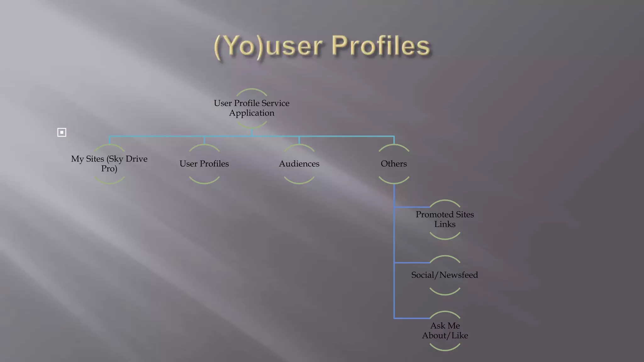  
User Profile Service 
Application 
My Sites (Sky Drive 
Pro) 
User Profiles Audiences Others 
Promoted Sites 
Links 
Social/Newsfeed 
Ask Me 
About/Like 
 