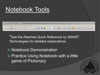 Notebook Tools*See the Attached Quick Reference by SMART Technologies for detailed explanationsNotebook DemonstrationPractice Using Notebook with a little game of Pictionary
