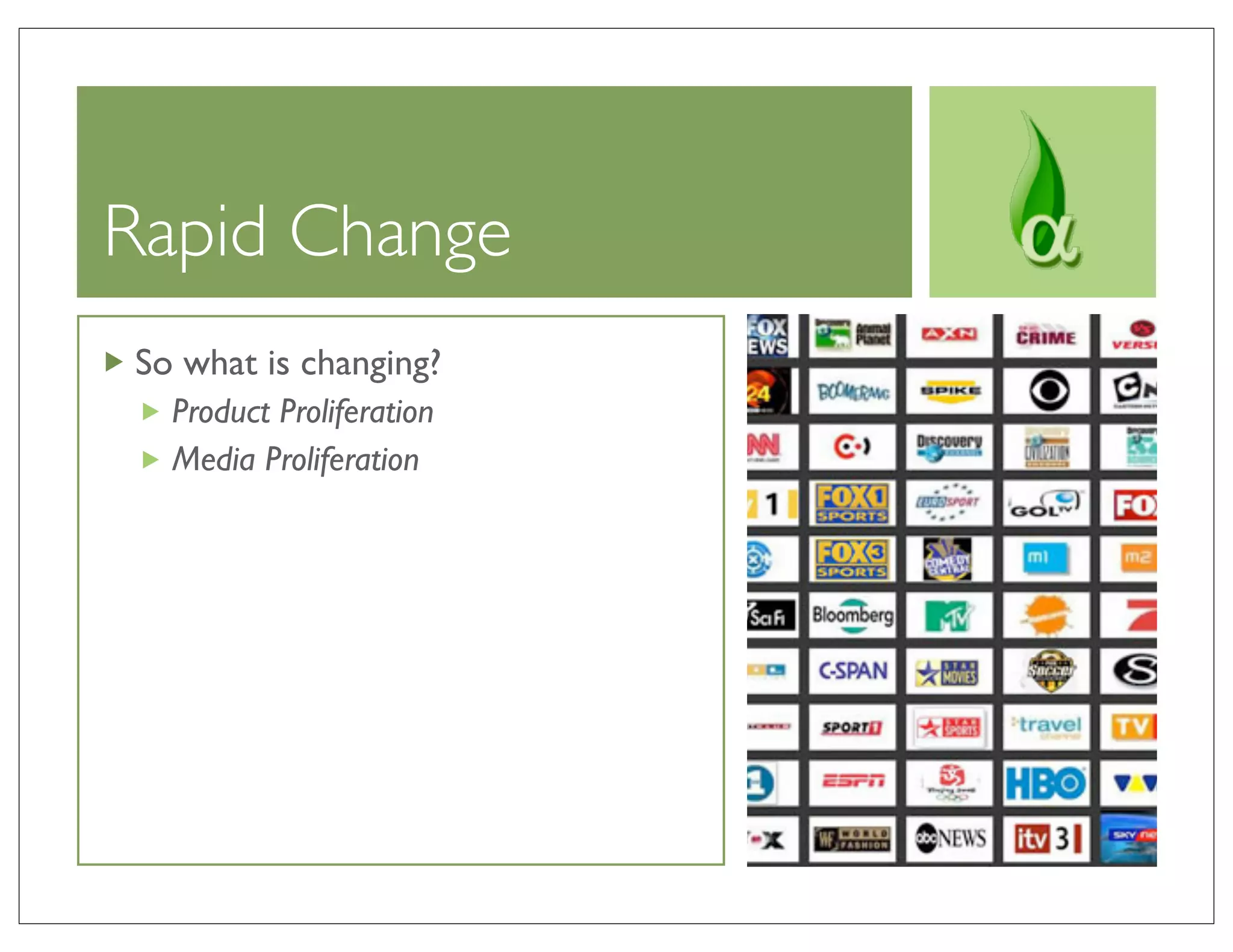 Rapid Change
So what is changing?
  Product Proliferation
  Media Proliferation
 