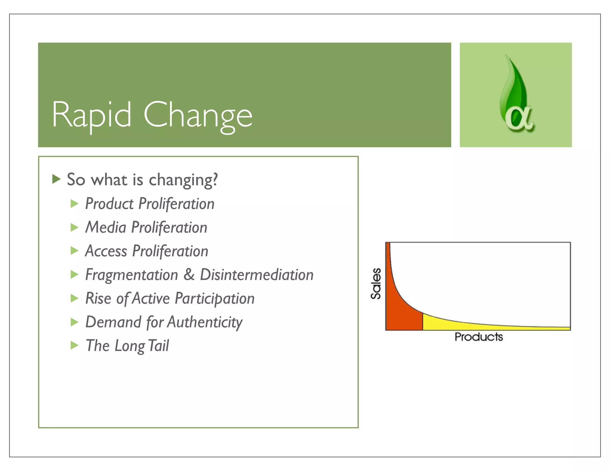 Rapid Change
So what is changing?
  Product Proliferation
  Media Proliferation
  Access Proliferation
  Fragmentation & Disintermediation
  Rise of Active Participation
  Demand for Authenticity
  The Long Tail
 
