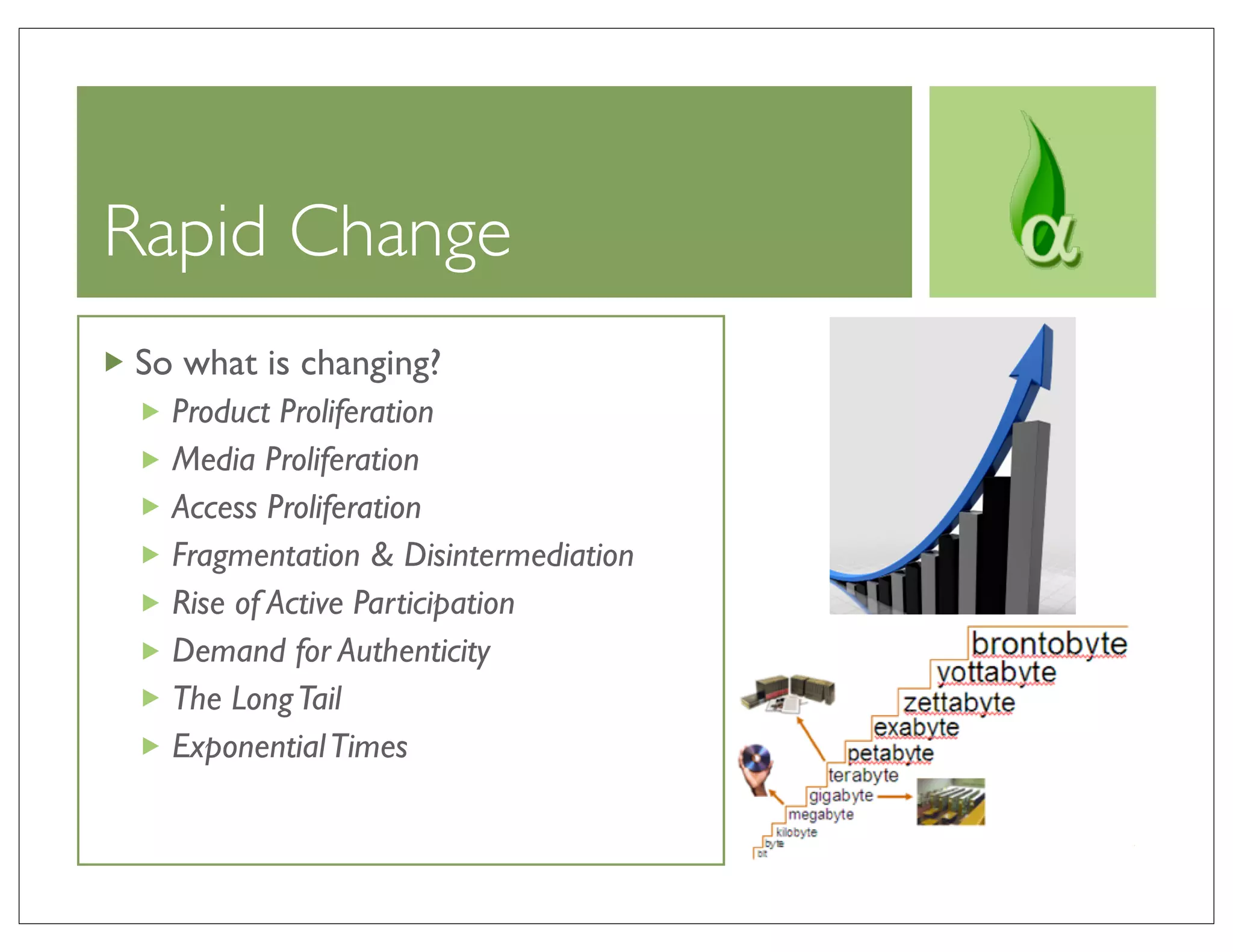 Rapid Change
So what is changing?
  Product Proliferation
  Media Proliferation
  Access Proliferation
  Fragmentation & Disintermediation
  Rise of Active Participation
  Demand for Authenticity
  The Long Tail
  Exponential Times
 