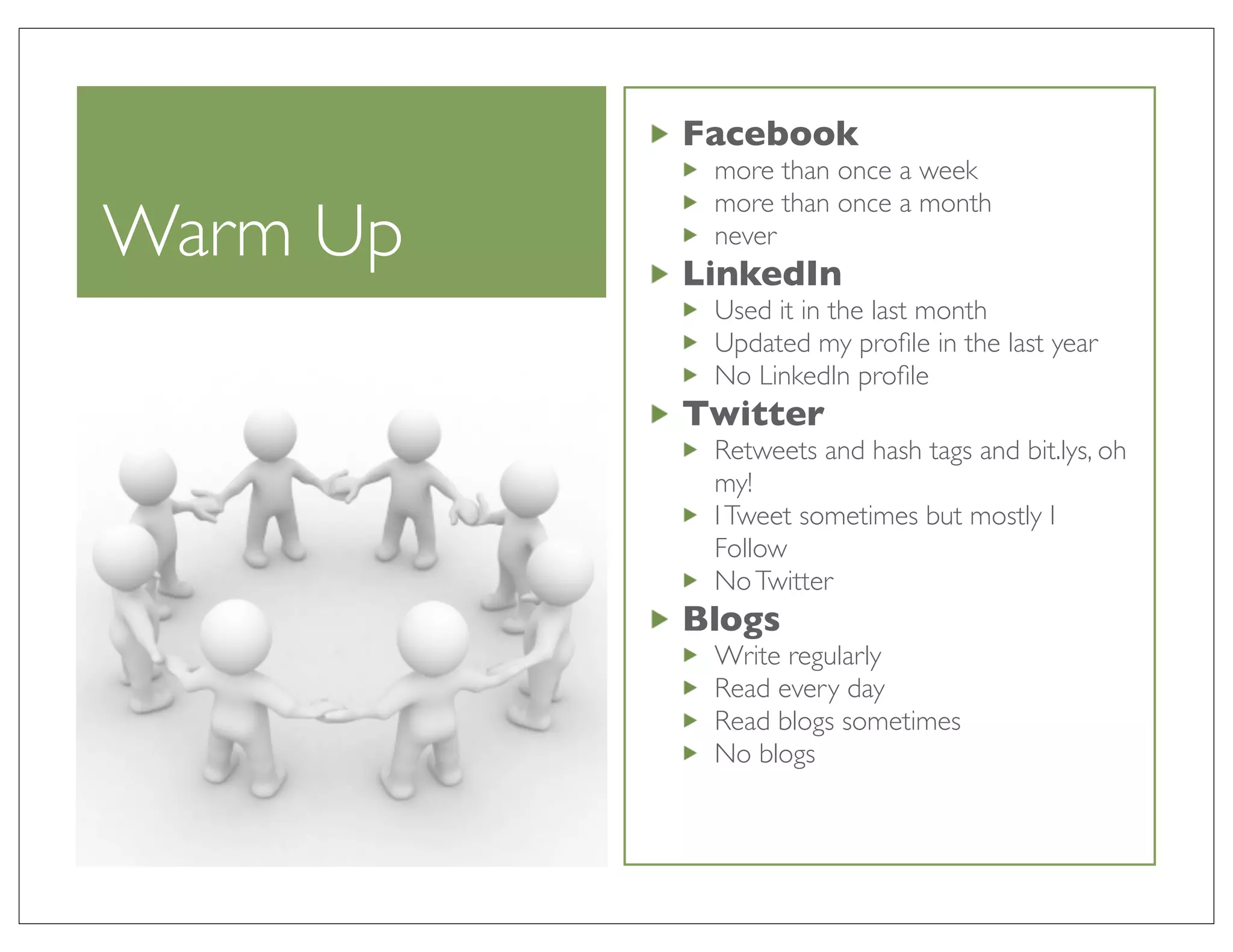 Facebook
           more than once a week
           more than once a month
Warm Up    never
          LinkedIn
           Used it in the last month
           Updated my proﬁle in the last year
           No LinkedIn proﬁle
          Twitter
           Retweets and hash tags and bit.lys, oh
           my!
           I Tweet sometimes but mostly I
           Follow
           No Twitter
          Blogs
           Write regularly
           Read every day
           Read blogs sometimes
           No blogs
 