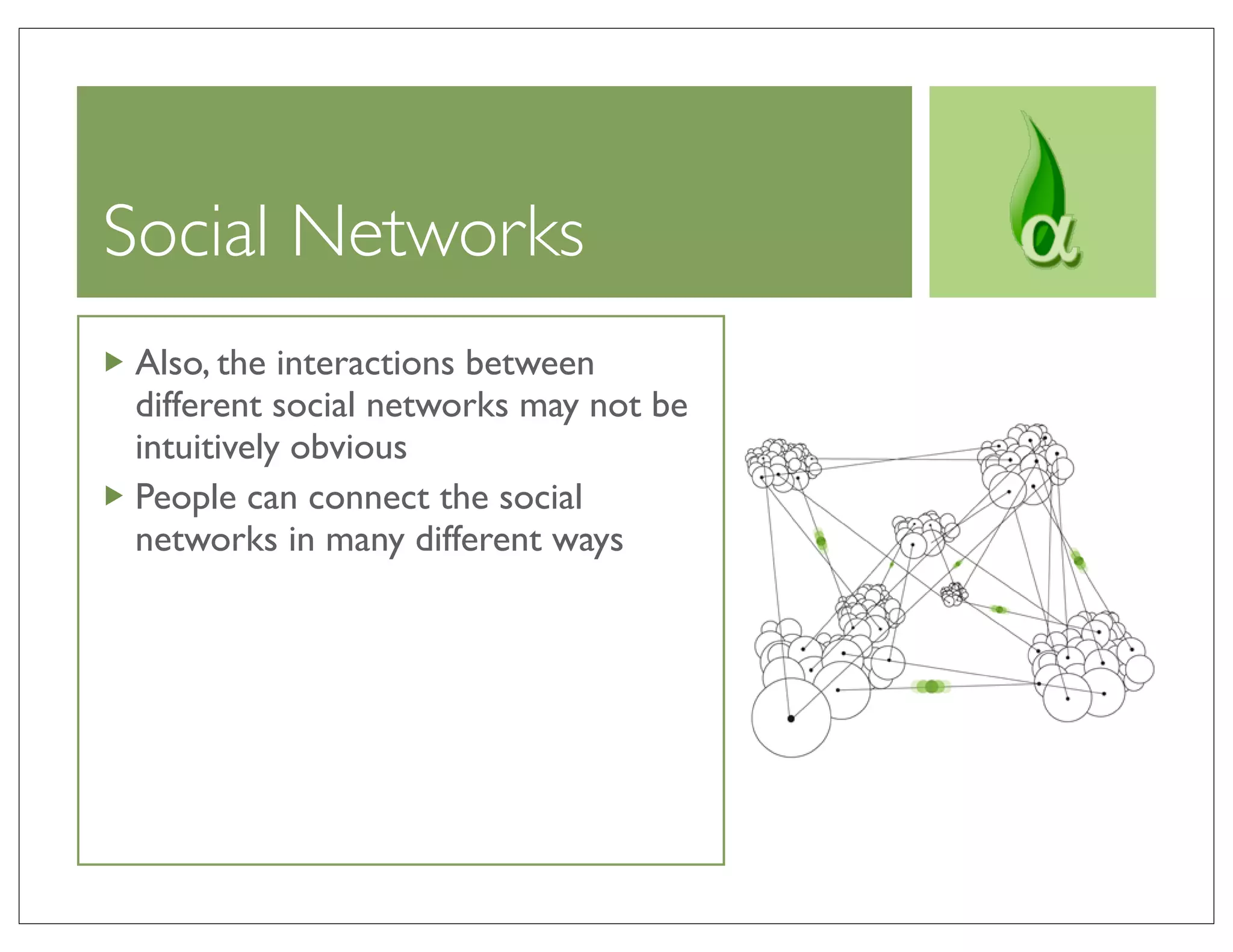 Social Networks
 Also, the interactions between
 different social networks may not be
 intuitively obvious
 People can connect the social
 networks in many different ways
 