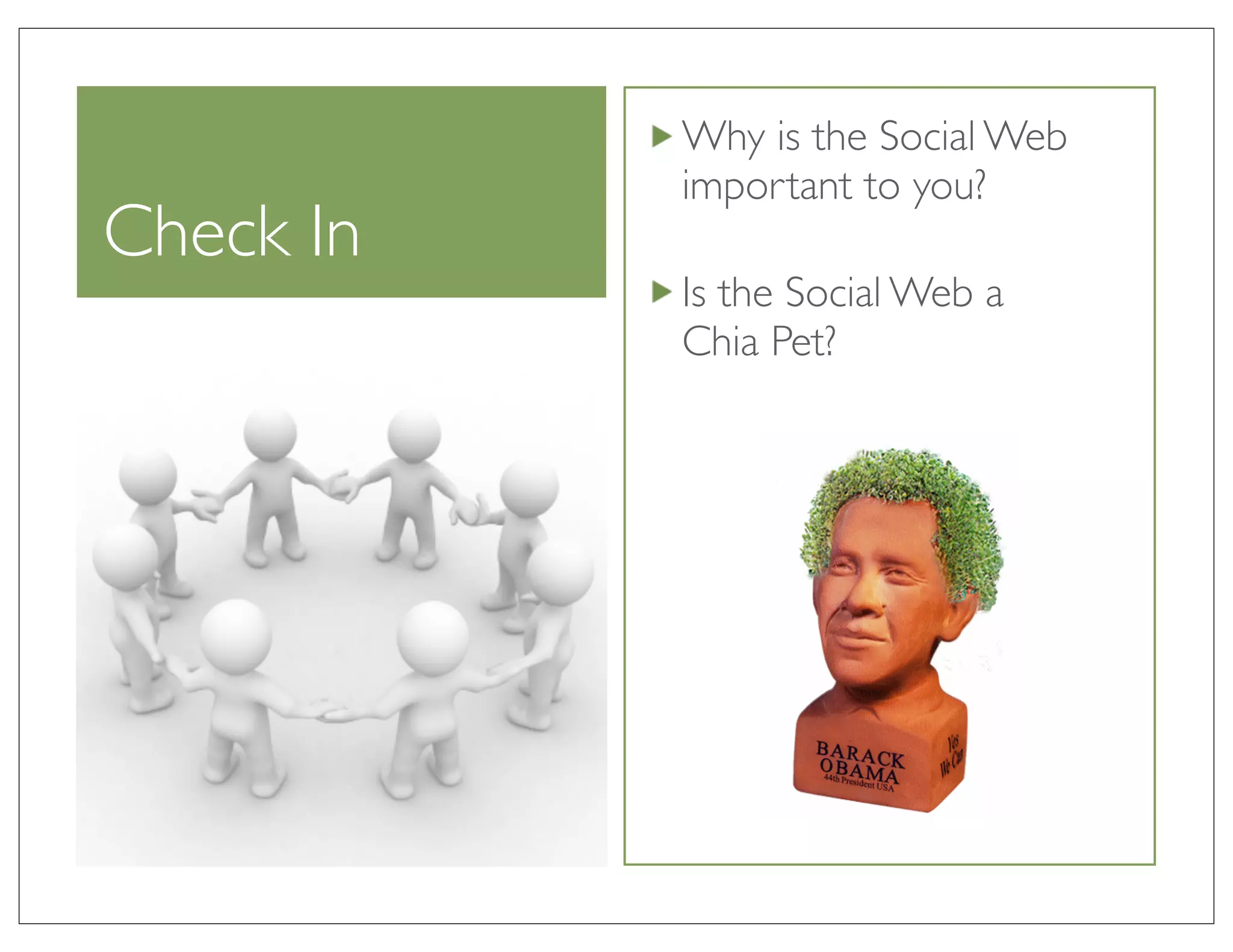 Why is the Social Web
           important to you?
Check In
           Is the Social Web a
           Chia Pet?
 