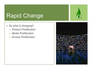 Rapid Change<br />So what is changing?<br />Product Proliferation<br />Media Proliferation<br />Access Proliferation<br />