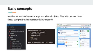 Basic concepts
In other words: software or apps are a bunch of text files with instructions
that a computer can understand and execute.
 