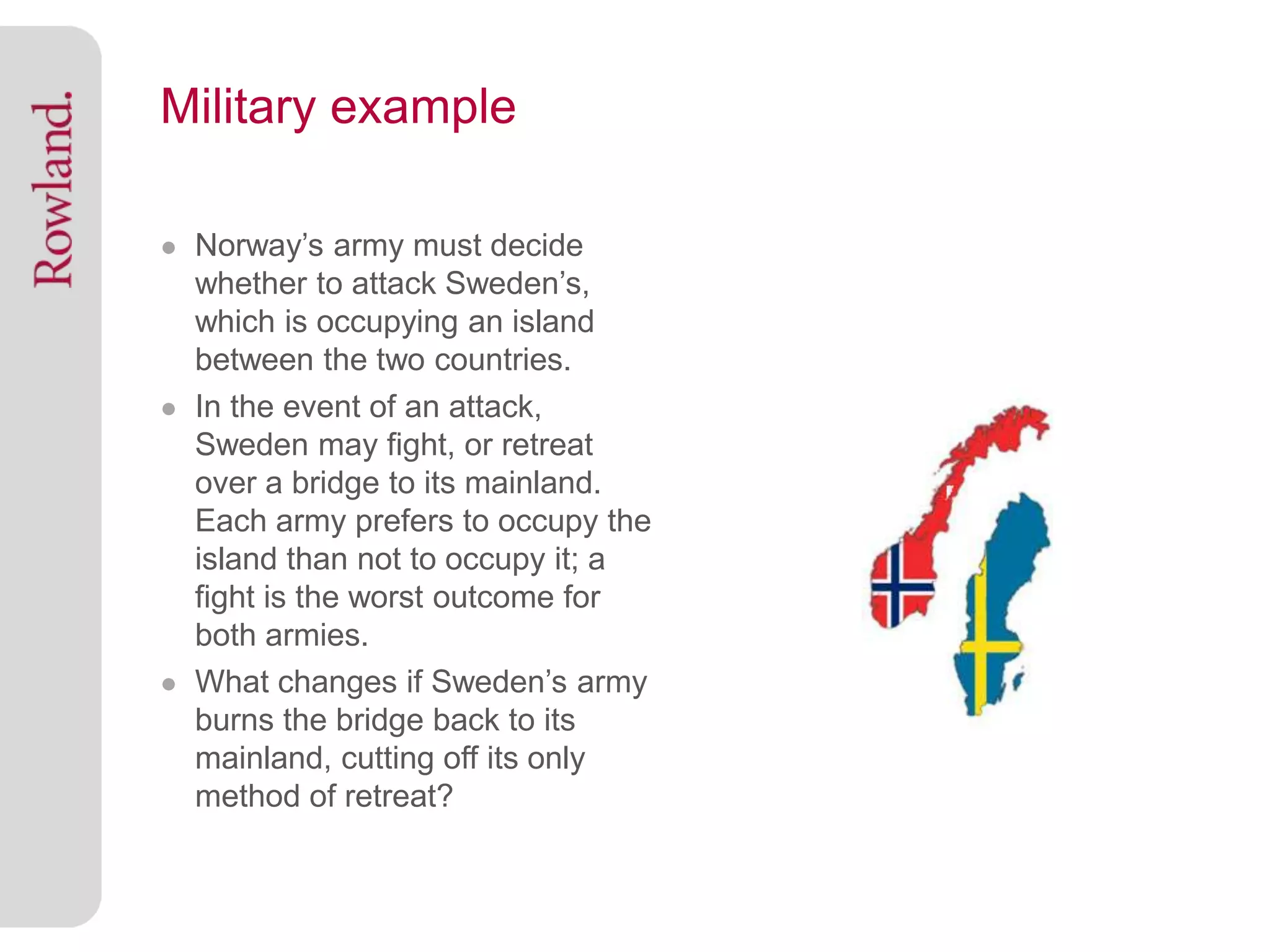 Military example

● Norway’s army must decide
  whether to attack Sweden’s,
  which is occupying an island
  between the two countries.
● In the event of an attack,
  Sweden may fight, or retreat
  over a bridge to its mainland.
  Each army prefers to occupy the
  island than not to occupy it; a
  fight is the worst outcome for
  both armies.
● What changes if Sweden’s army
  burns the bridge back to its
  mainland, cutting off its only
  method of retreat?
 