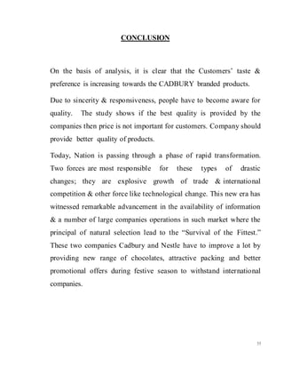 55
CONCLUSION
On the basis of analysis, it is clear that the Customers’ taste &
preference is increasing towards the CADBURY branded products.
Due to sincerity & responsiveness, people have to become aware for
quality. The study shows if the best quality is provided by the
companies then price is not important for customers. Company should
provide better quality of products.
Today, Nation is passing through a phase of rapid transformation.
Two forces are most responsible for these types of drastic
changes; they are explosive growth of trade & international
competition & other force like technological change. This new era has
witnessed remarkable advancement in the availability of information
& a number of large companies operations in such market where the
principal of natural selection lead to the “Survival of the Fittest.”
These two companies Cadbury and Nestle have to improve a lot by
providing new range of chocolates, attractive packing and better
promotional offers during festive season to withstand international
companies.
 