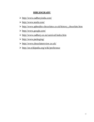 63
BIBLIOGRAHY
 http://www.cadburyindia.com/
 http://www.nestle.com/
 http://www.aphrodite-chocolates.co.uk/history_chocolate.htm
 http://www.google.com/
 http://www.cadbury.co.nz/carnival/index.htm
 http://www.packaging/
 http://www.chocolatereview.co.uk/
 http://en.wikipedia.org/wiki/preference
 